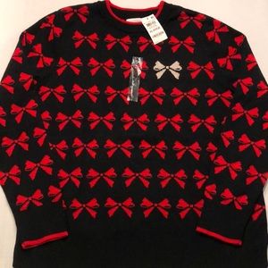 Charter Club Black Crew Neck Pullover with Red Bows one Rhinestone Bow XL NWT